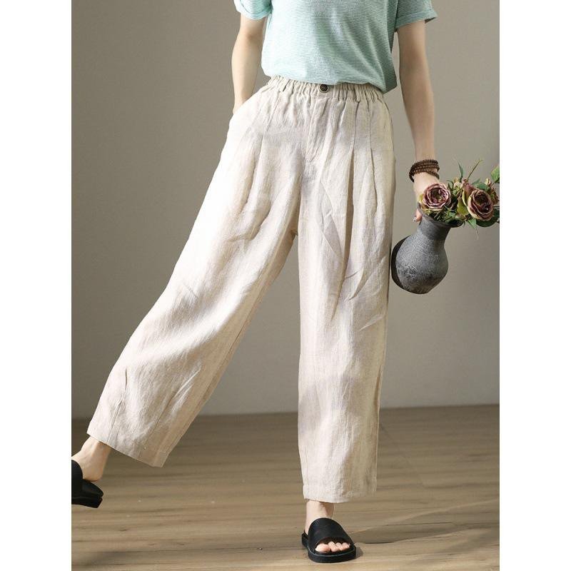 핀턱 린넨 빈티지 와이드 슬림핏 핑크 캐주얼 바지 여 여름 얇은 면 마 하이웨스트 와이드 9부 바지