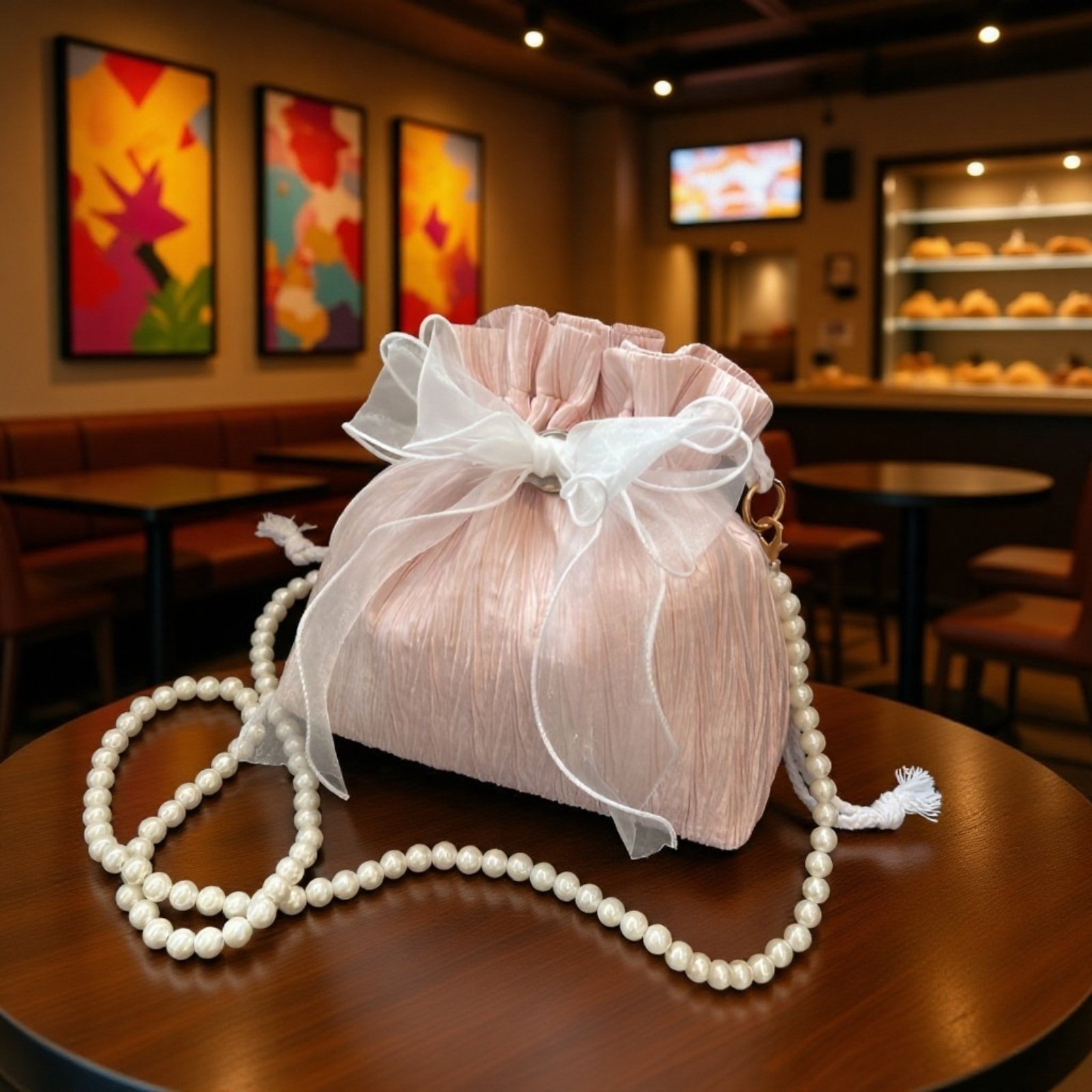 パール付きシンプルバケットバッグ　リボンショルダーバッグ