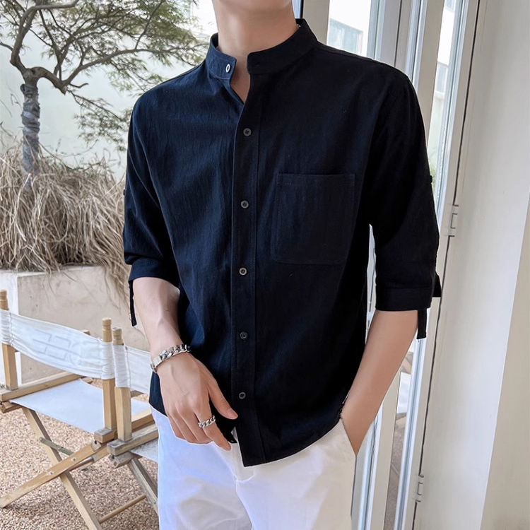 メンズ夏綿麻スタンドカラーシャツ