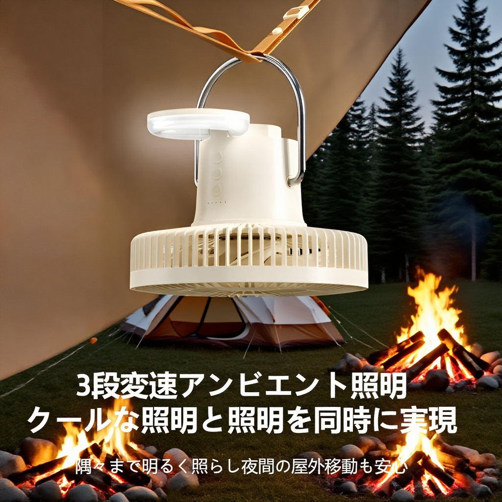 キャンプ場で活躍する自動首振り扇風機