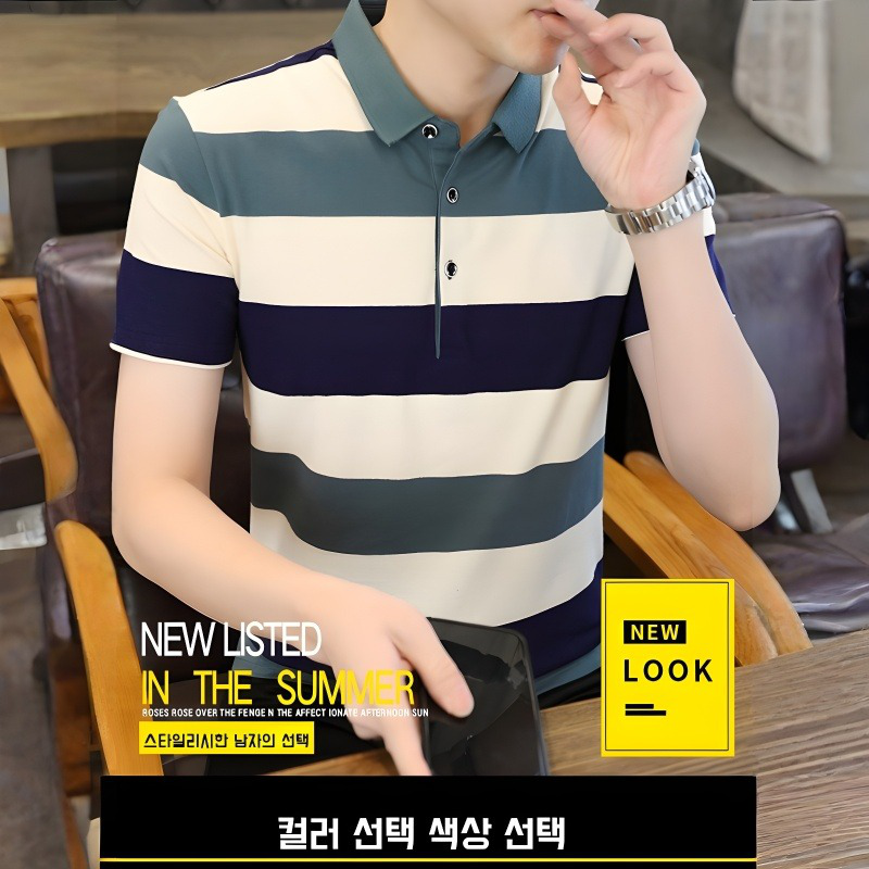 남자 여름 패션 라이트 비즈니스 터틀넥 반팔 스트라이프 티셔츠