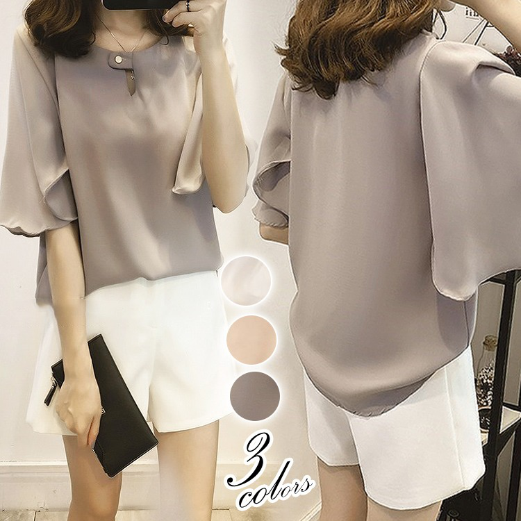 シフォンシャツ  tシャツ ブラウス 無地 カジュアル ゆったり フレアスリーブ 通気 おしゃれ