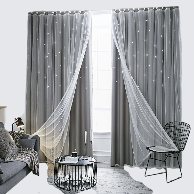 二重レース付き星柄遮光カーテン　完成品　寝室用