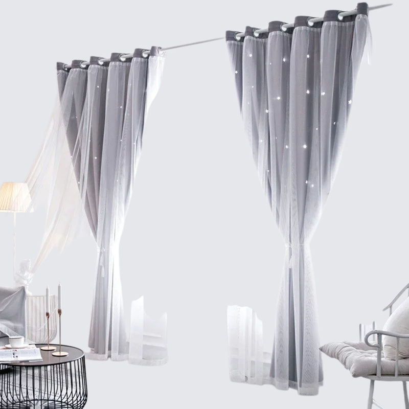 二重レース付き星柄遮光カーテン　完成品　寝室用