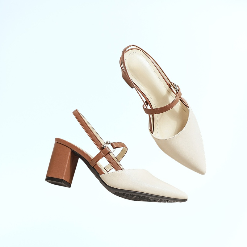 รองเท้าส้นสูงหัวแหลมแบบแฟชั่นของเหล่าคนดังทางอินเทอร์เน็ต รองเท้าแตะส้นหนาแบบกลวงด้านหลัง