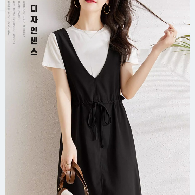 루즈핏 날씬해 보이는 유럽역 여름 멜빵 원피스 미디 캐주얼 원피스 가짜 투피스 멜빵 스커트