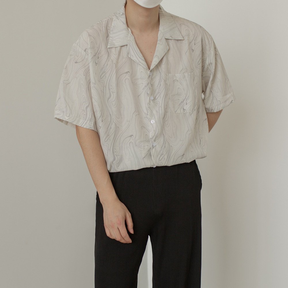 남자 빈티지 루즈핏 반팔 셔츠 커플 논스톱 실키 셔츠 잔꽃무늬 셔츠 남자 빈티지 반팔 셔츠 실키 박시 커플 셔츠