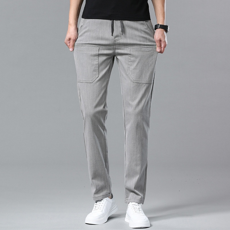 남자 여름 캐주얼 팬츠 작은 일자 아이스 원단 고탄력 팬츠 디자인 남자 데님라이크 6포켓 밴딩 허리 얇은 캐주얼 팬츠
