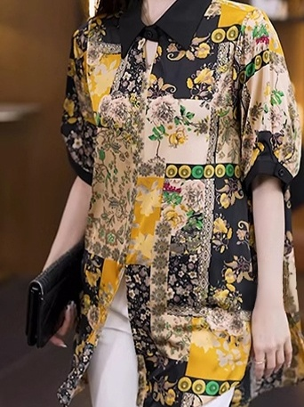 여성 루즈핏 플라워 프린트 반팔 블라우스