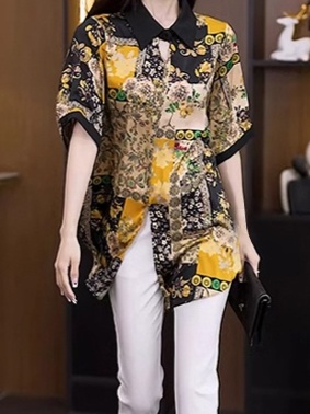 여성 루즈핏 플라워 프린트 반팔 블라우스