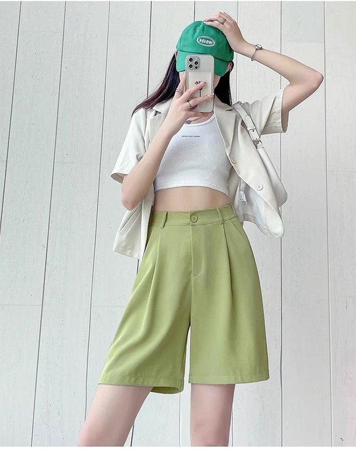 여성용 통기성 좋은 하이웨스트 5부 팬츠 착용컷