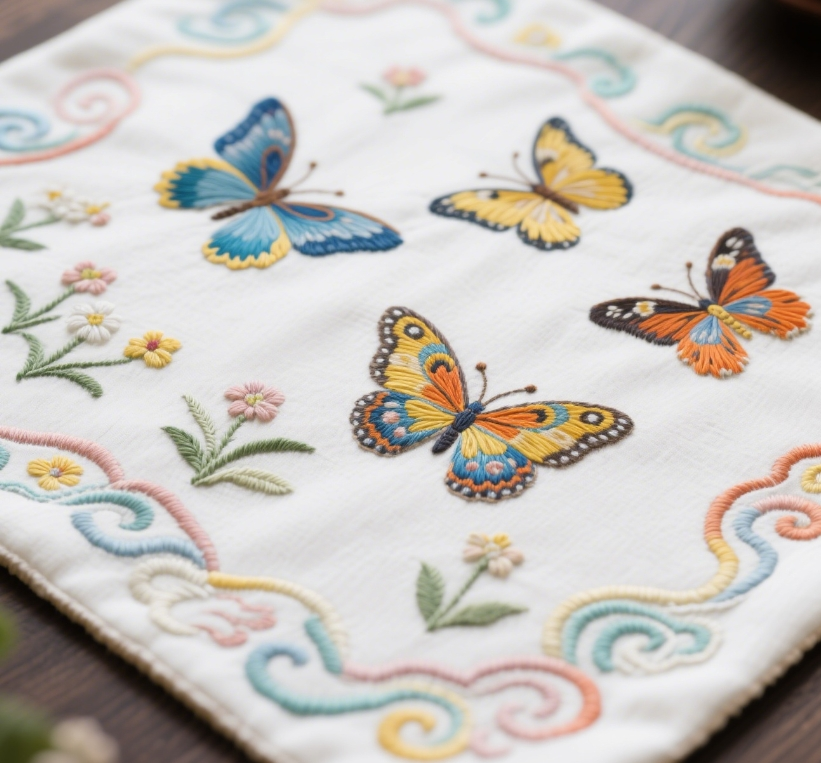 Le processus de broderie papillon brode une variété de motifs exquis pour broder le set de thé