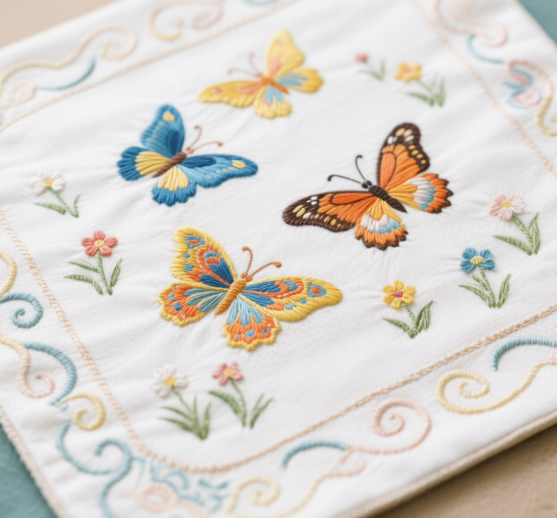 Détail de broderie papillon sur tasse à thé
