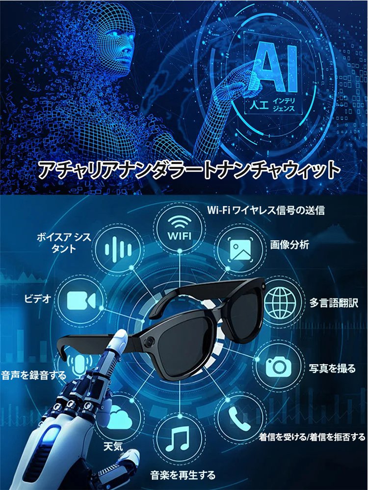 写真撮影+Bluetooth通話AIリアルタイム翻訳識別スマートグラス