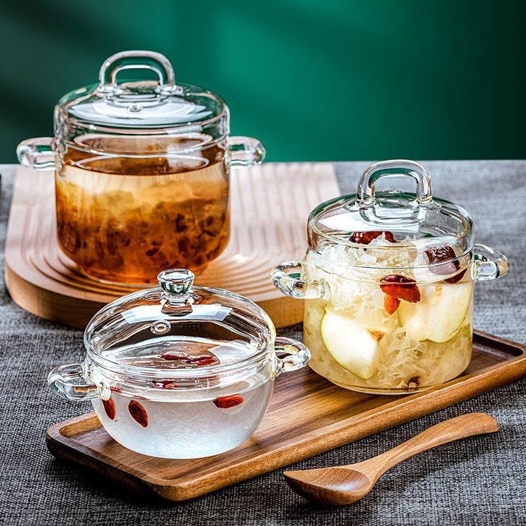 Cazuela de vidrio de borosilicato con asas dobles, apta para sopas y huevos al vapor