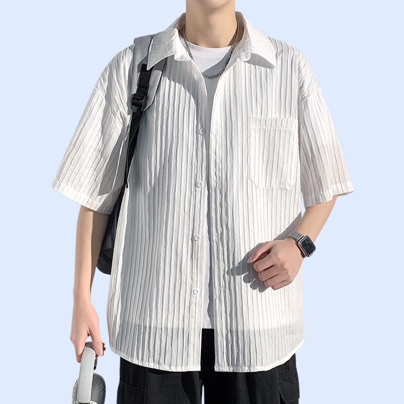 여름 캐주얼 세로 스트라이프 오픈카라 질감 루즈핏 반팔 셔츠 남성
