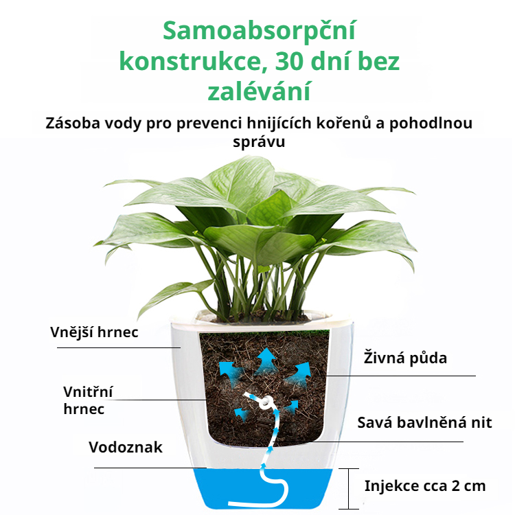 Plně průhledný automatický, vodou savý, líný květináč