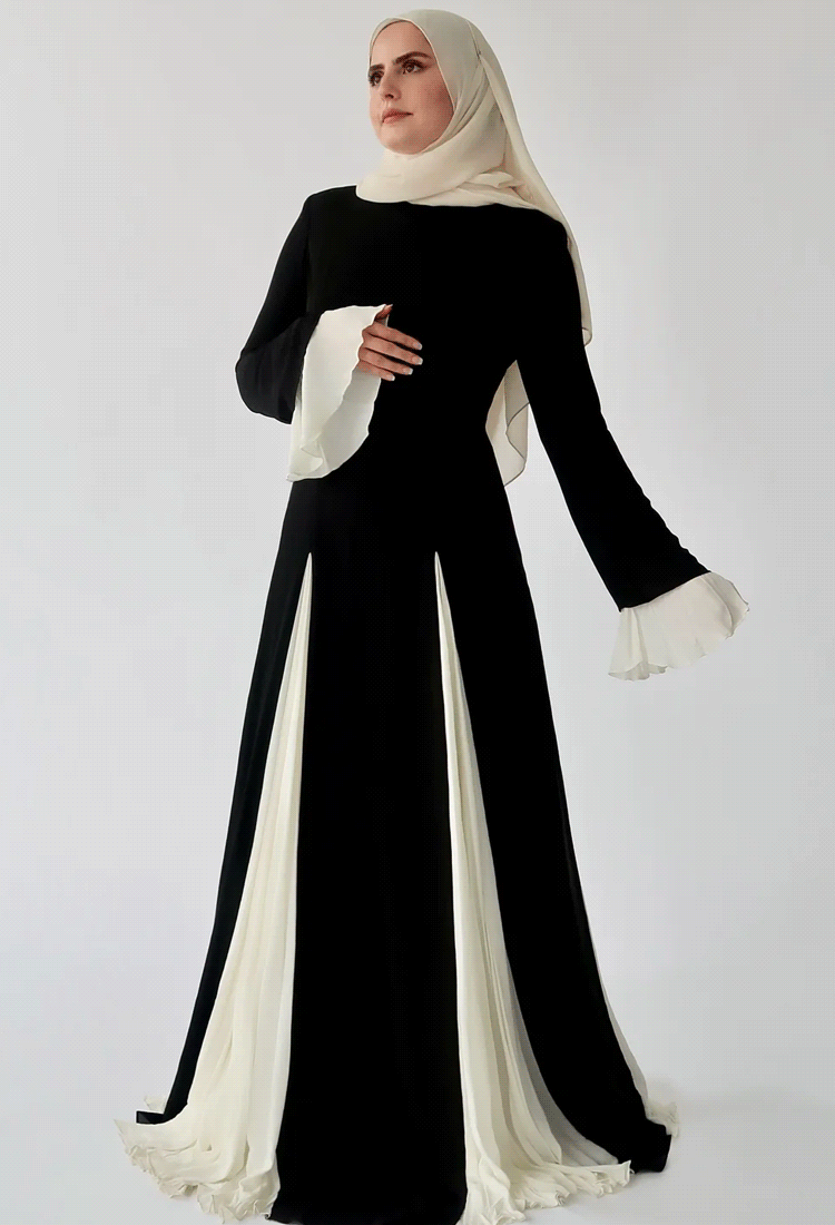 فستان عصري متباين الألوان مع تصميم خصر مشدود بحاشية كبيرة