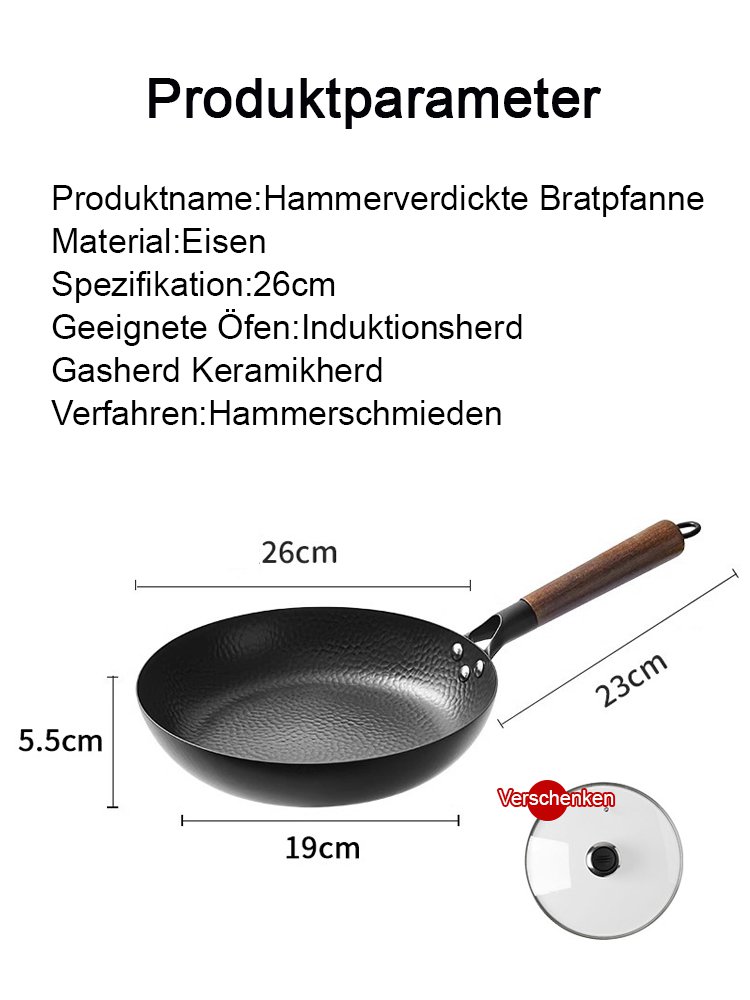 Handgeschmiedete japanische Eisen-Bratpfanne (beschichtungsfrei, mit verstärktem flachen Boden