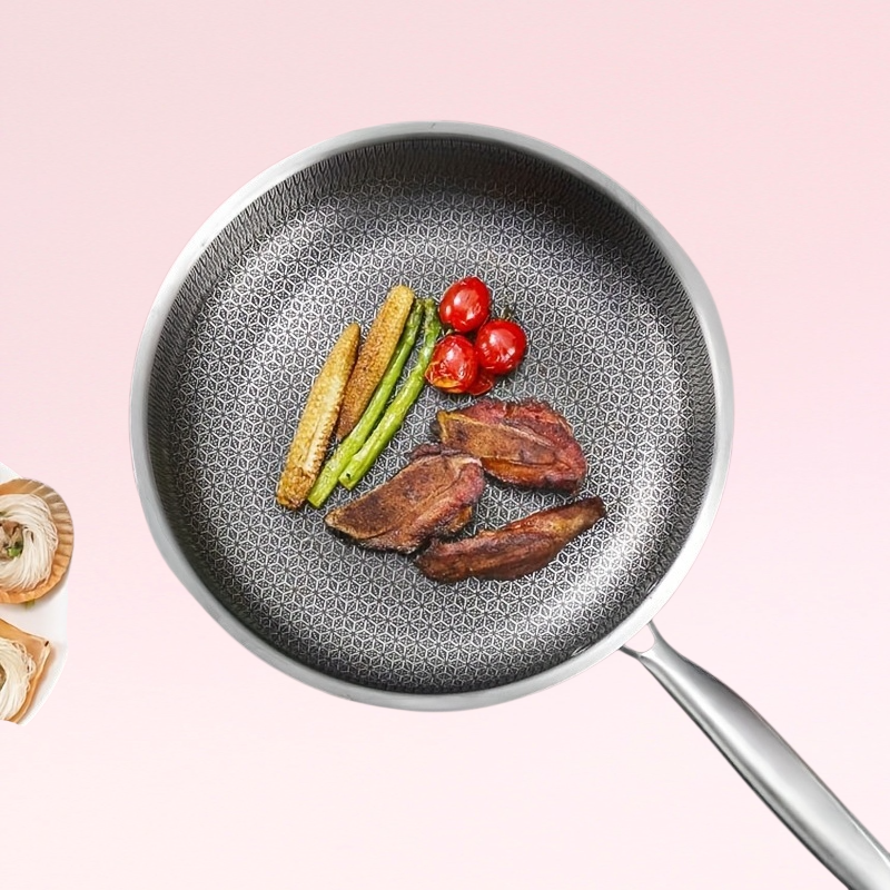 주방 가정용 스테인리스 스틸 허니콤 플랫 바텀 프라이팬 가정용 계란 프라이 스테이크 노스틱 프라이팬