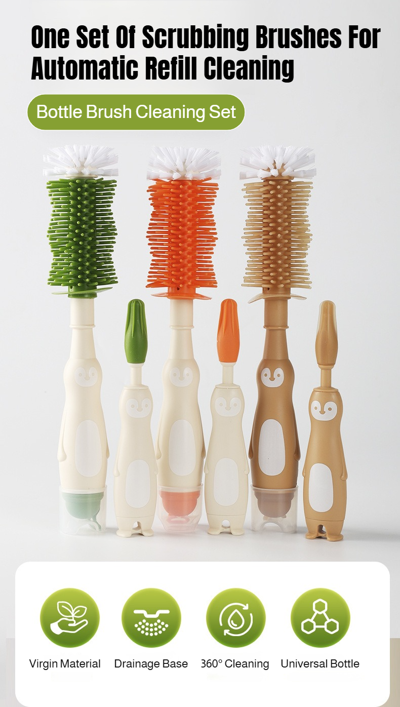 Multifunctional silicone and nylon bottle brush with long handle for deep cleaning