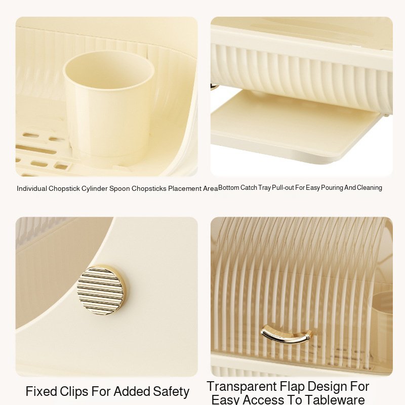 Large lidded kitchen dish storage box with draining dish rack