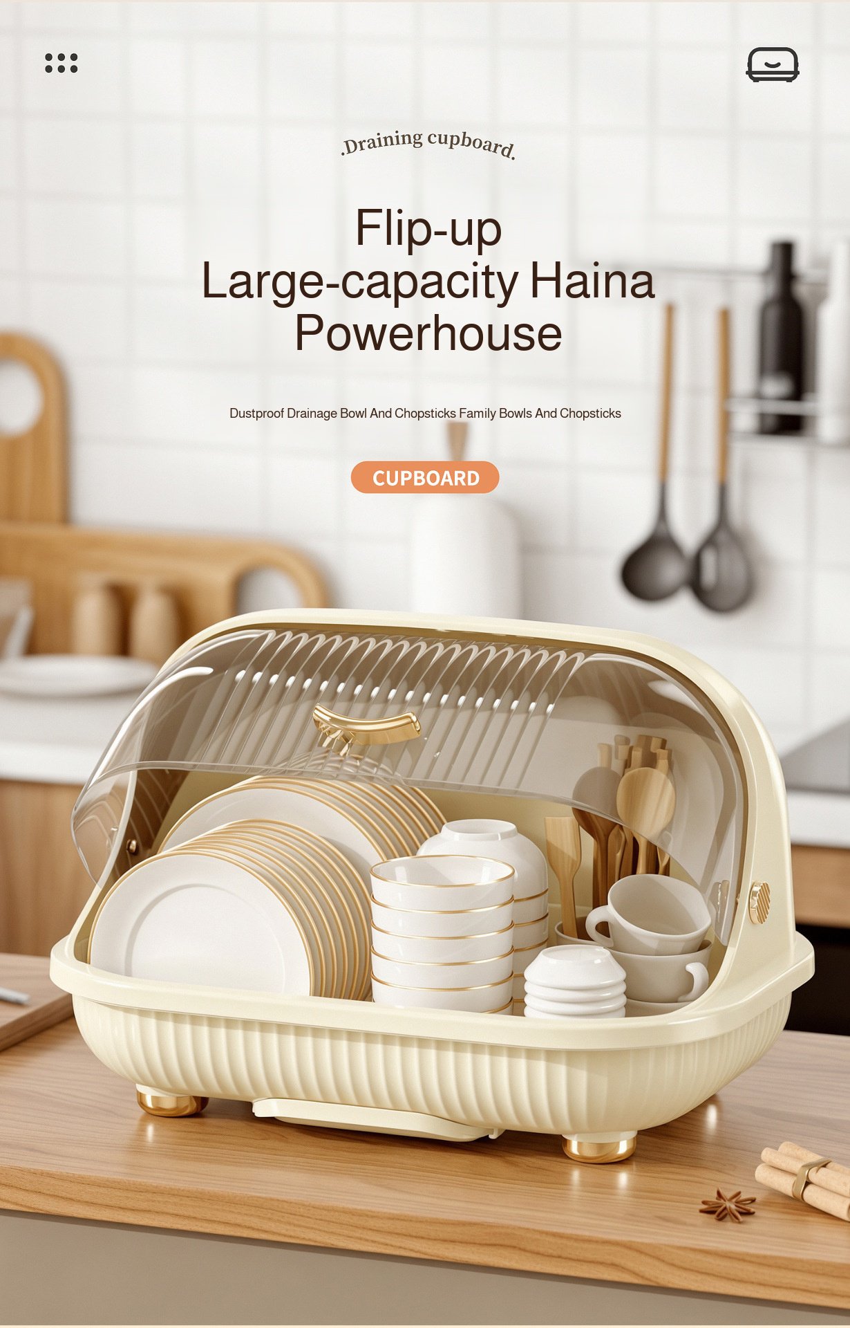 Large lidded kitchen dish storage box with draining rack on countertop