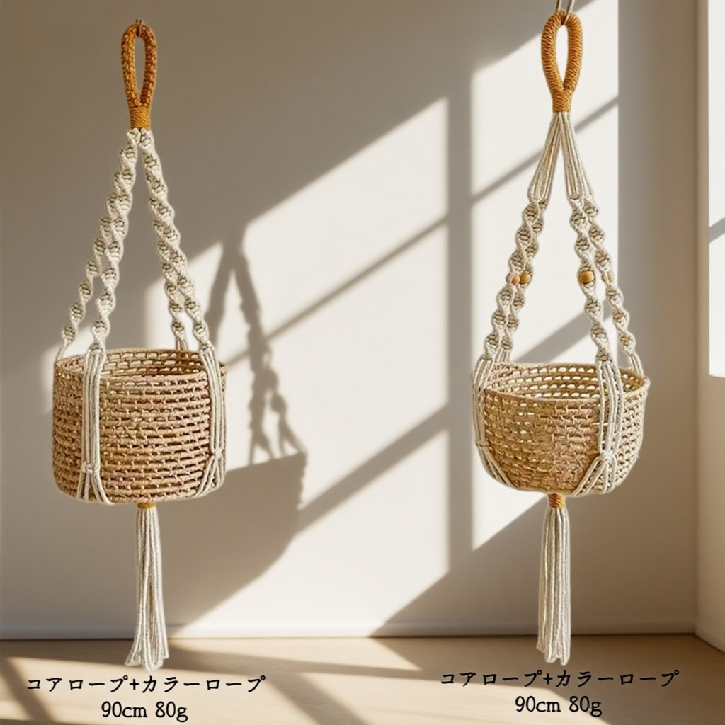 手織り植木鉢メッシュポケット コットンロープハンギングバスケットウォールデコレーションハンギング フラワーポット・メッシュポケット