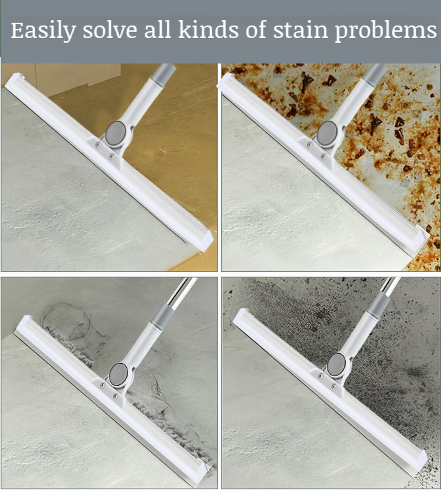 Squeegee in use on wet bathroom floor surface