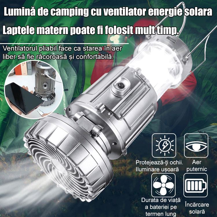 Ventilator solar cu lampă de camping