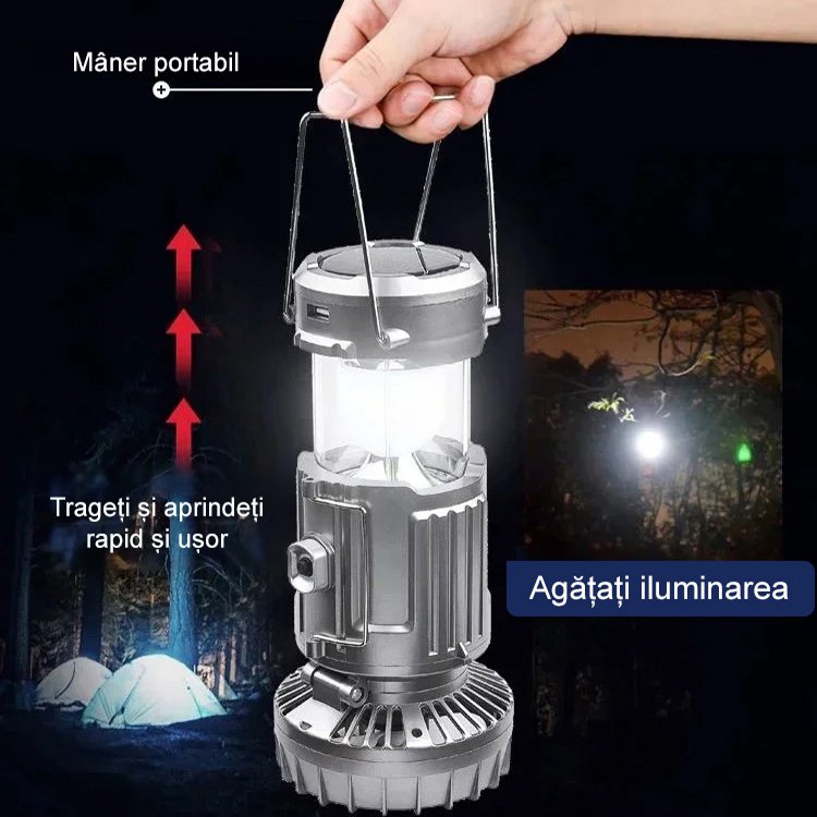 Ventilator solar cu lampă de camping