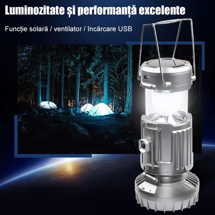 Ventilator solar cu lampă de camping