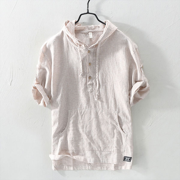 Tシャツ パーカー プルオーバー 五分袖 無地 綿麻 レディース フード付