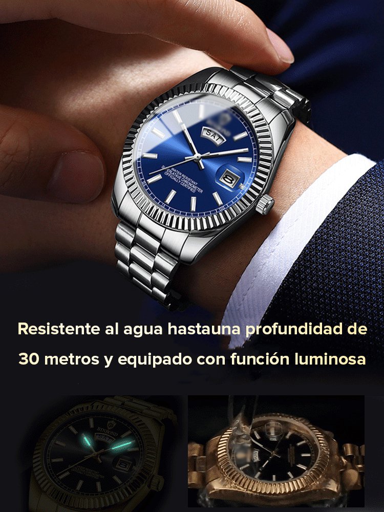 Reloj clásico con correa de acero resistente al agua y doble fecha para hombre