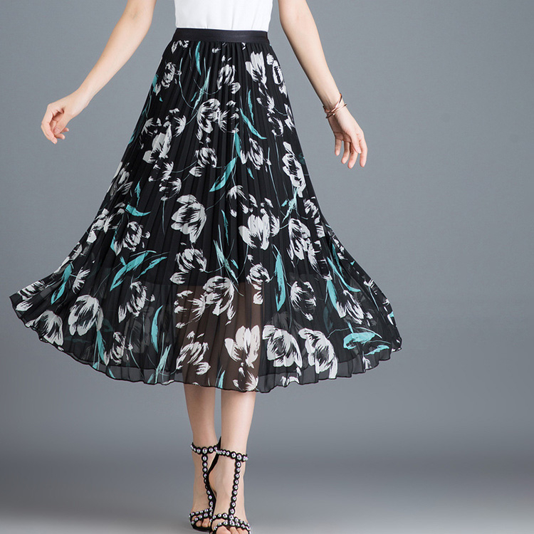 【プリーツスカート】快適な２層設計、大人の花柄、Aライン