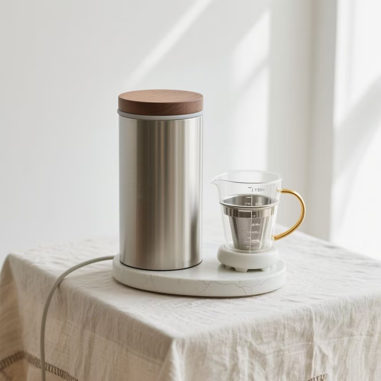 Odšťavňovač se stříbrným tělem a víkem z přírodního dřeva