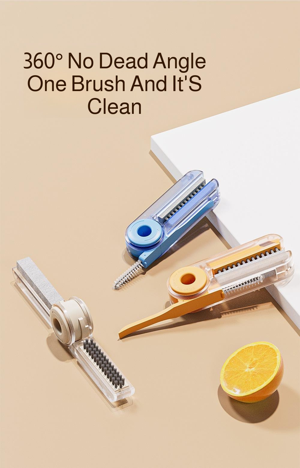 User holding 4-in-1 cup brush next to various drinkware