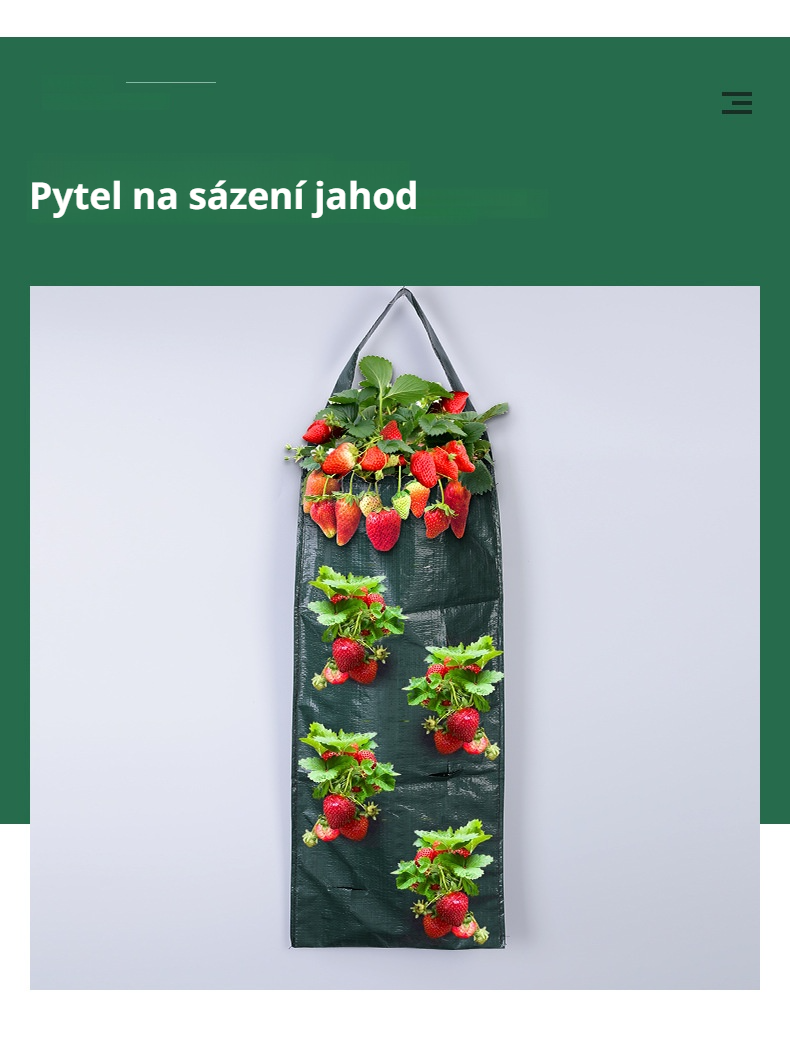 Jednoduchý černý závěsný vak na pěstování jahod zavěšený na balkoně