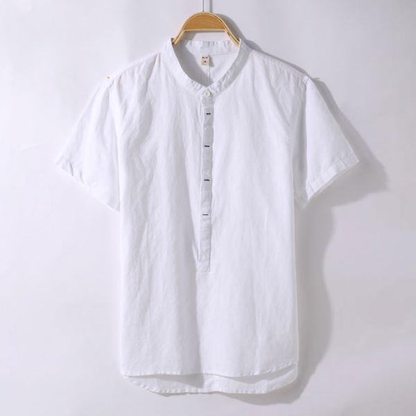 綿麻シャツ  グラデーション スタンドカラー タイト 通気 吸汗 快適 おしゃれ