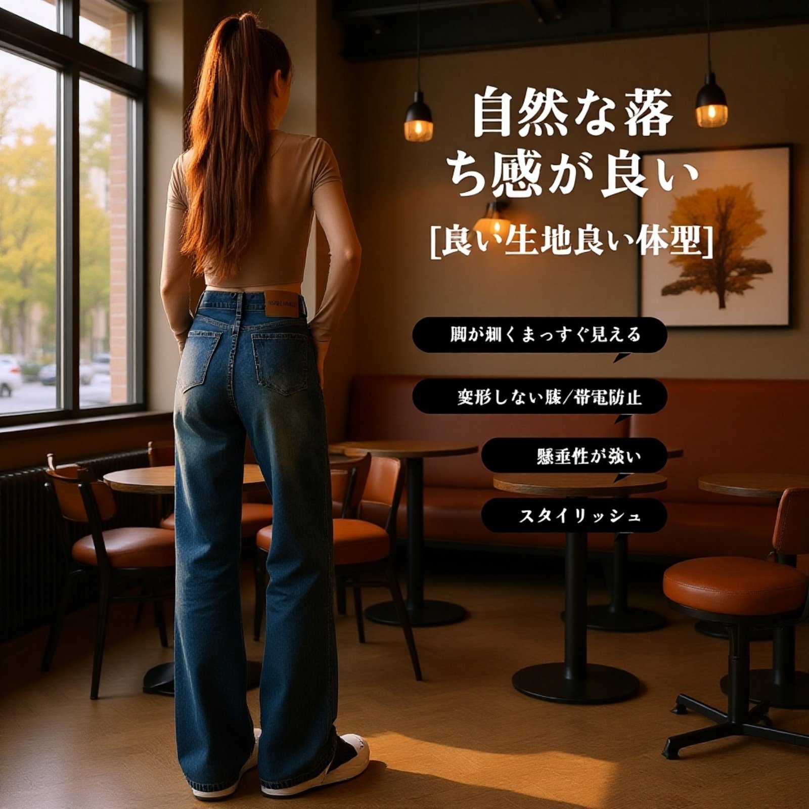 ヴィンテージ風ハイウエストブルースリムストレートジーンズ