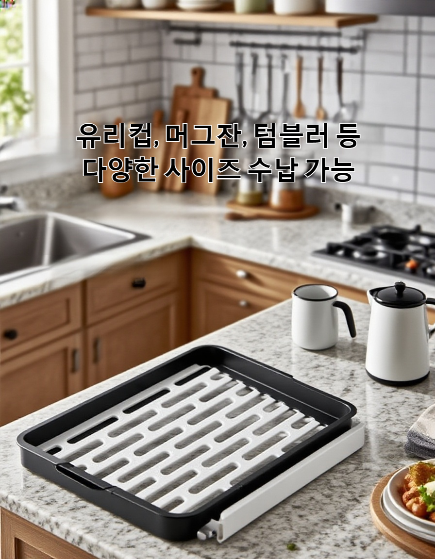 식기와 컵이 올려진 배수 트레이 랙 사용 예시