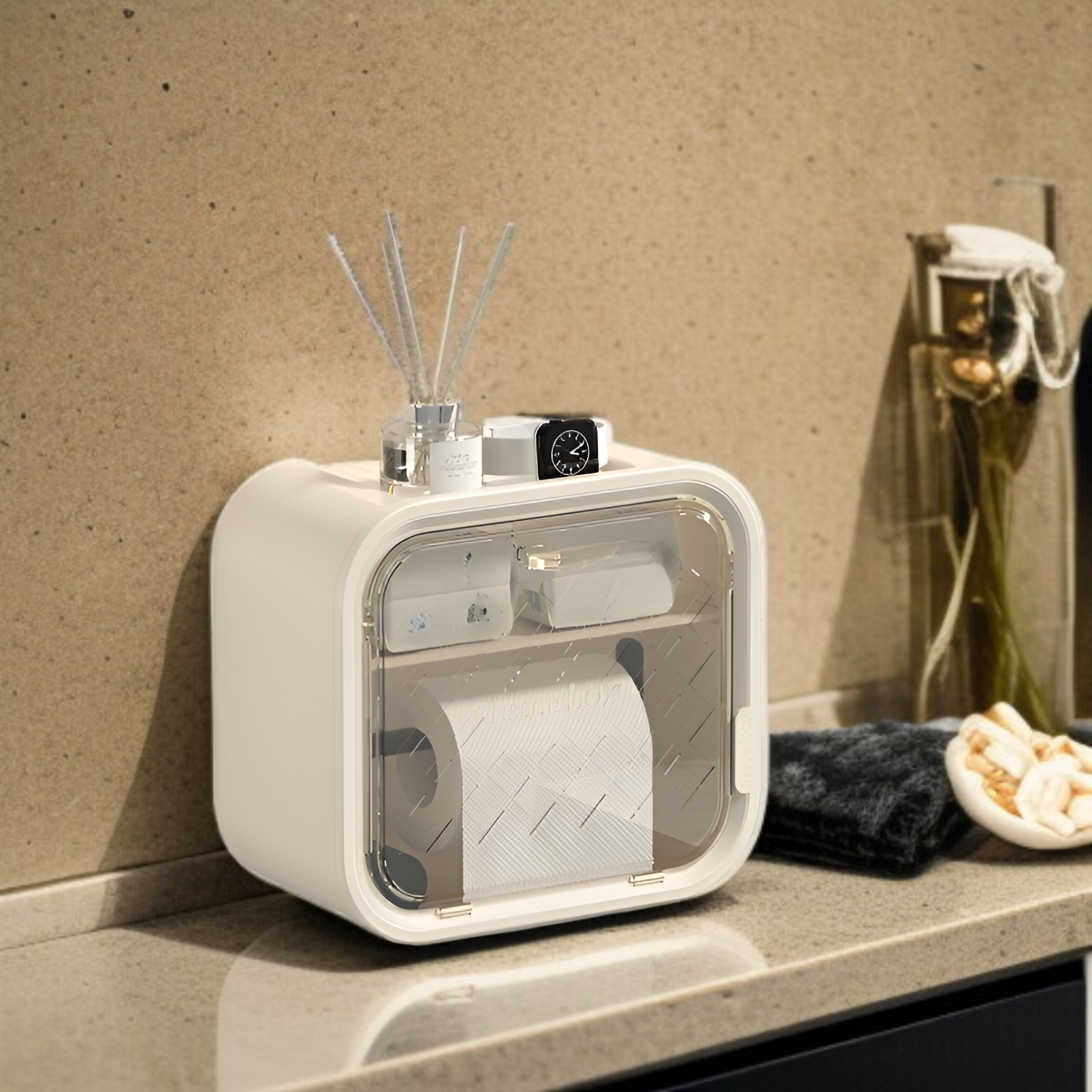 トイレットペーパーボックス、トイレットペーパーボックス、ティッシュホルダー、多機能収納ラック、ペーパーボックス、生理用ナプキン収納ボックス