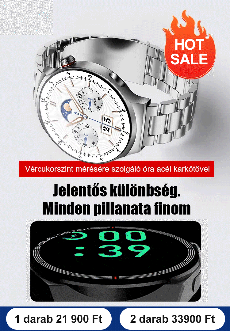 Vércukorszint mérésére szolgáló óra acélszíjjal