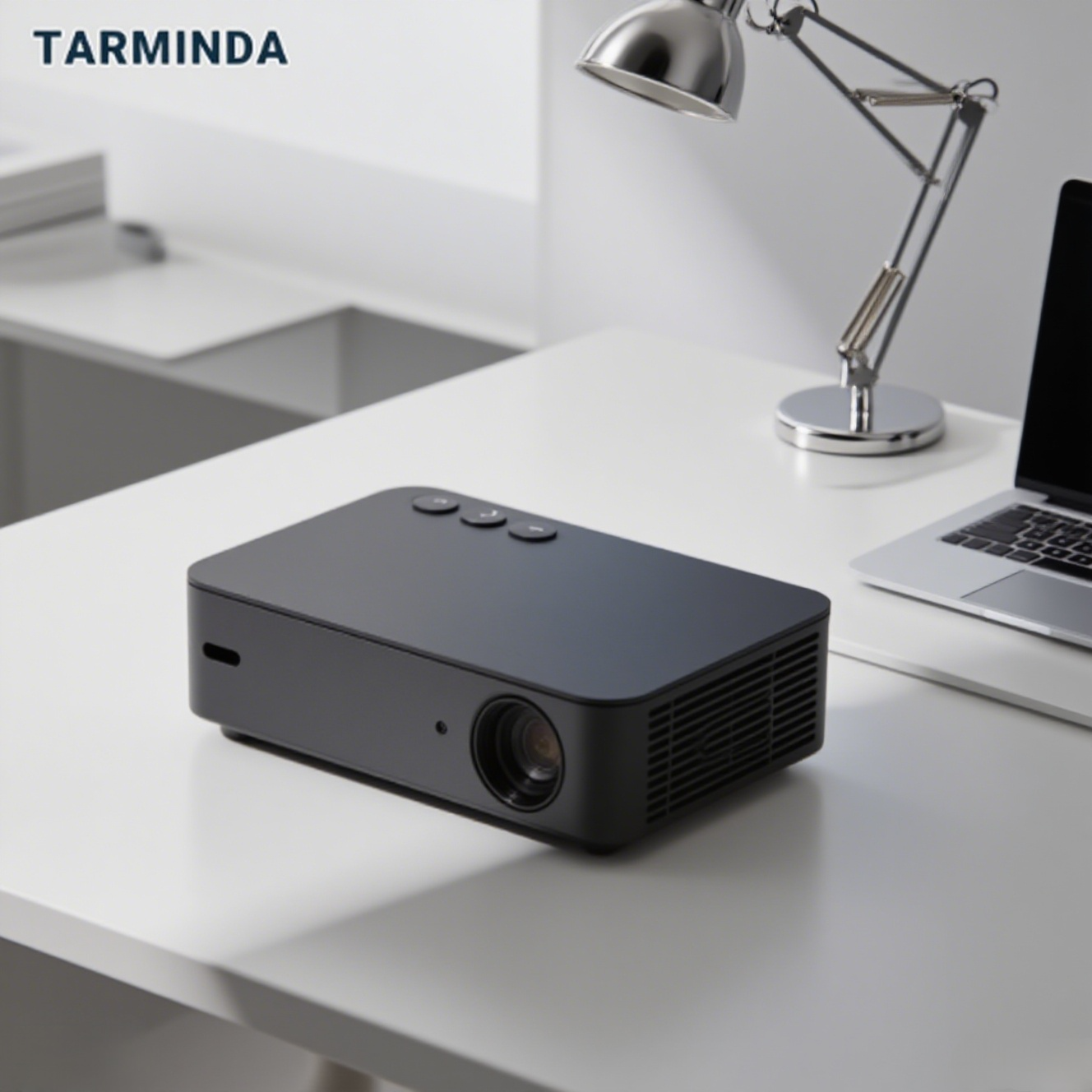 Proyector portátil conectado a smartphone para presentaciones