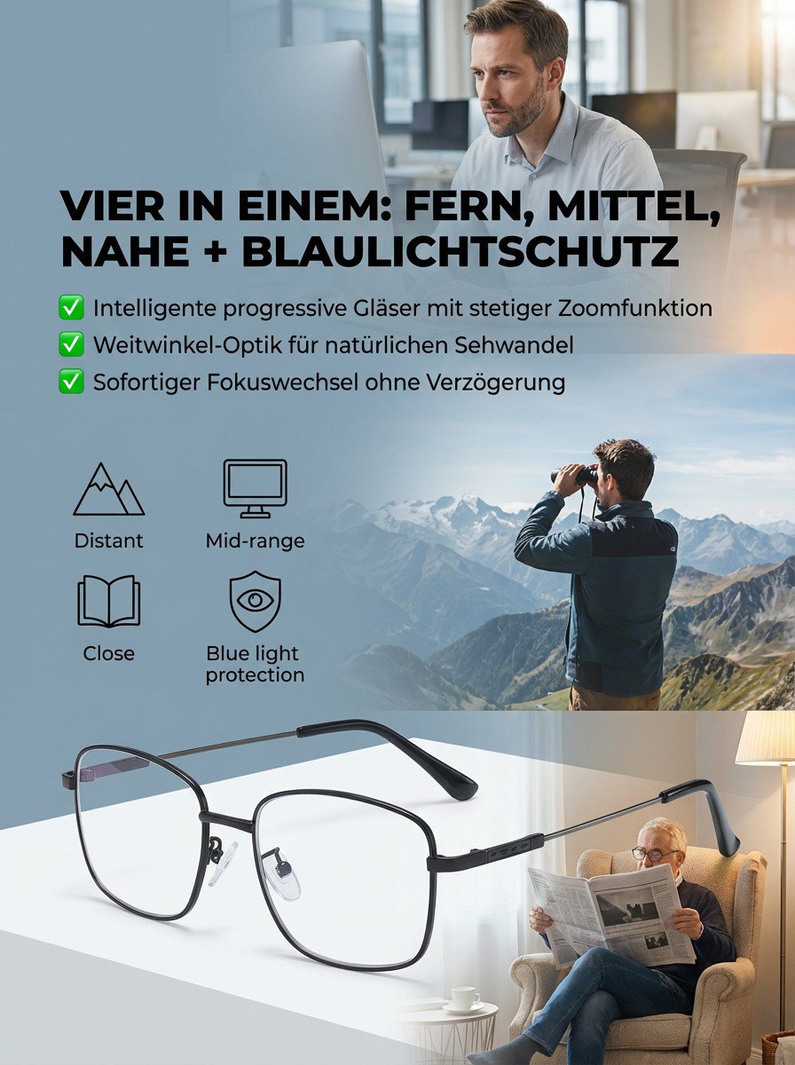 Ultraleichte Großrahmen-Mehrfokus-Titanbrille für Alterssichtigkeit in Silber