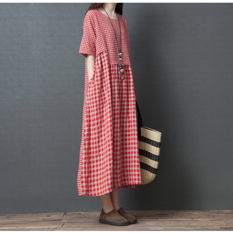 レディース大きいサイズゆったりチェック柄コットンリネンドレス 快適でスタイリッシュなコットンリネンドレス