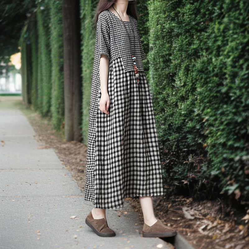 レディース大きいサイズゆったりチェック柄コットンリネンドレス 快適でスタイリッシュなコットンリネンドレス