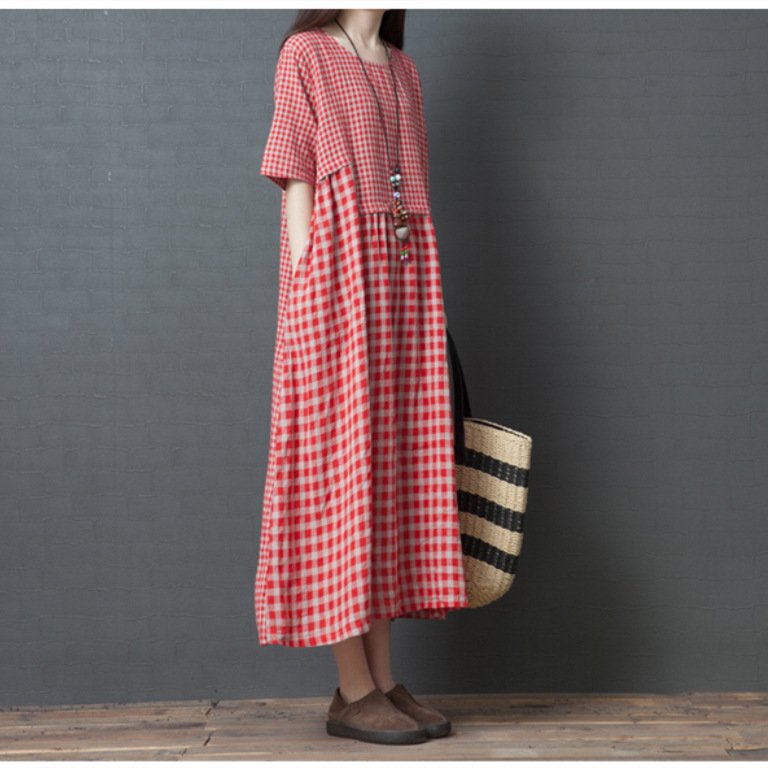 レディース大きいサイズゆったりチェック柄コットンリネンドレス 快適でスタイリッシュなコットンリネンドレス