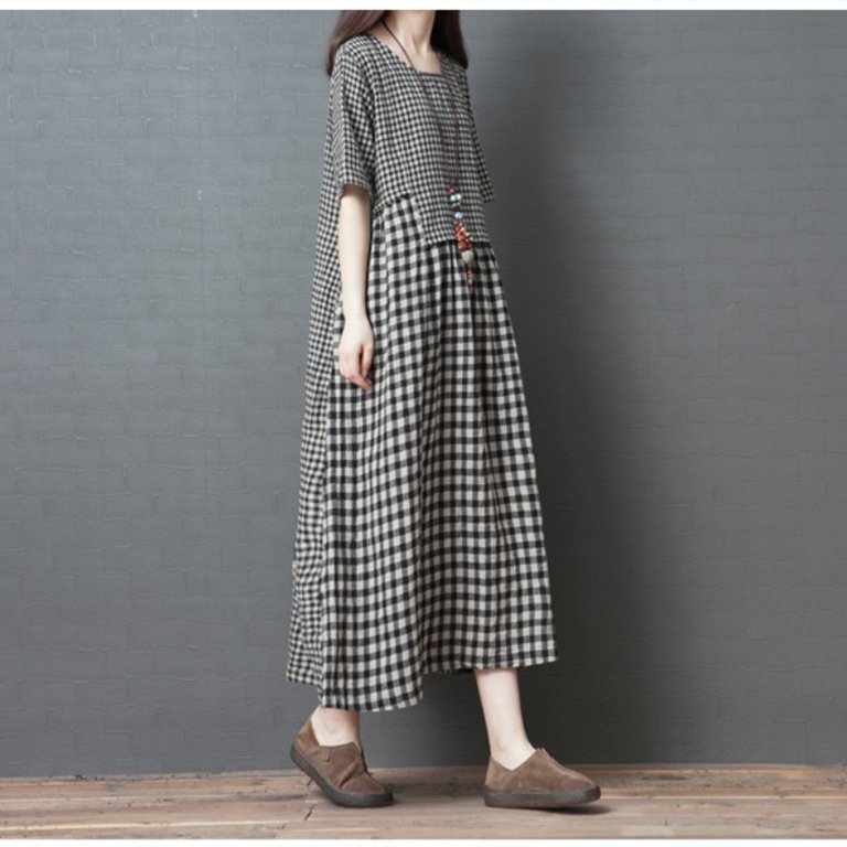 レディース大きいサイズゆったりチェック柄コットンリネンドレス 快適でスタイリッシュなコットンリネンドレス
