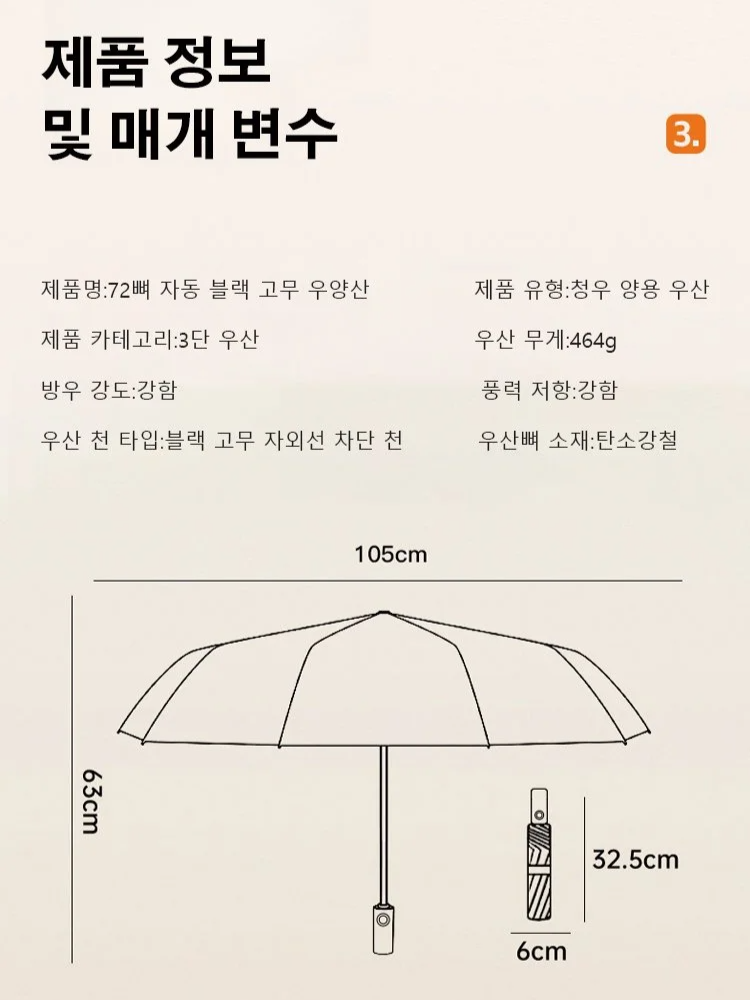 72뼈 자동 블랙 고무 자외선 차단 우양산